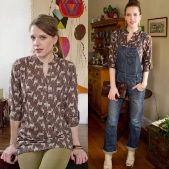 Modcloth Mata‎ Traders Near and Deer Popover Shirt Womens Size XS Brown Cotton - Picture 1 of 12